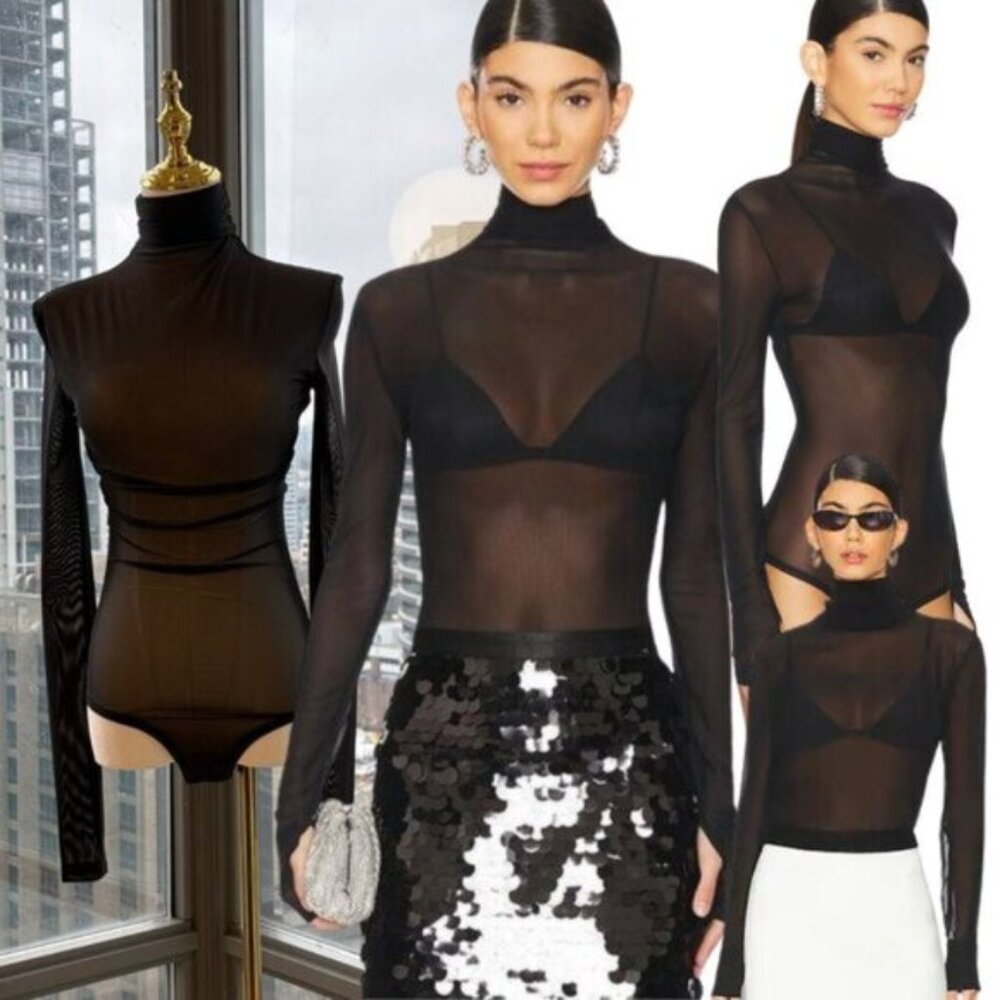🆕 BRONX & BANCO 🧿 NWOT Gaia Mesh Long Sleeve Bodysuit, Black - Sz XS - US 2